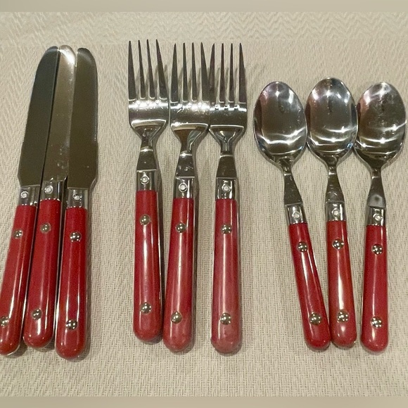 Vintage MCM Gibson Red Chunky Handle Stainless Flatware 3 place Settings - Picture 1 of 5